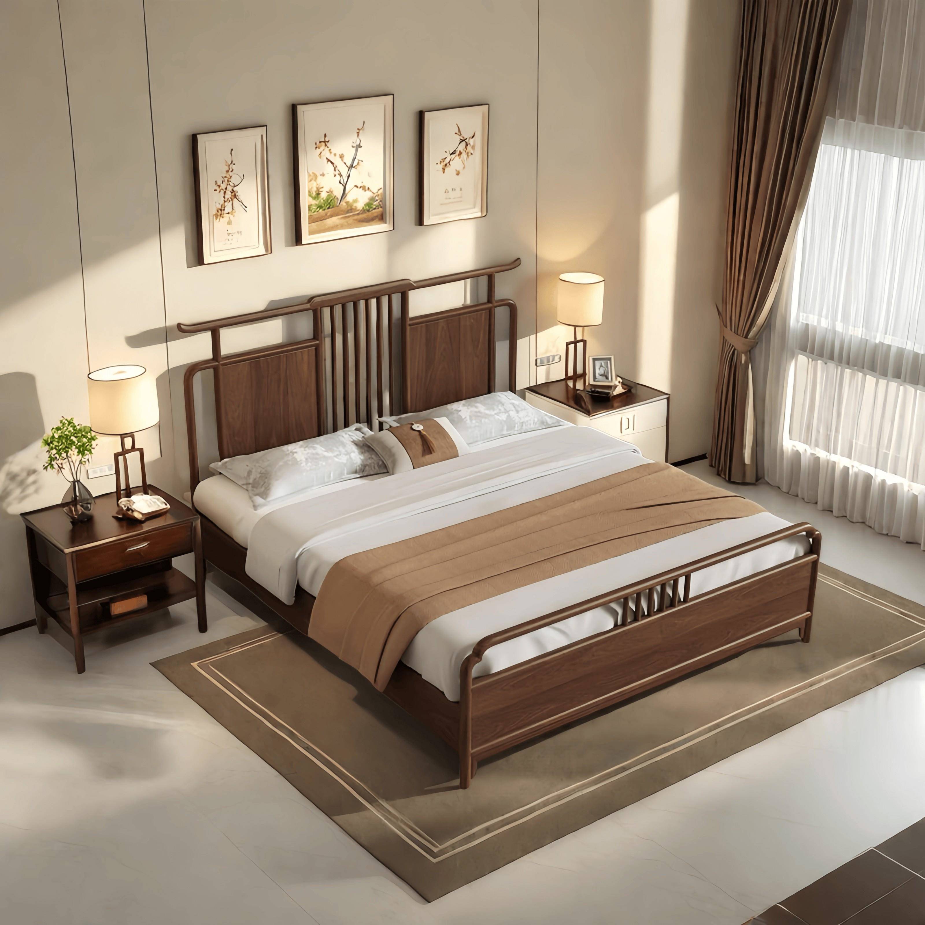 新中式宋式美学婚床 北美黑胡桃木禅意主卧1.8米双人床全实木家具