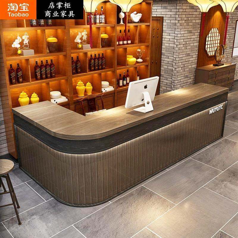 需定制实木覆古收银台转角饭店餐厅酒吧吧台桌餐馆餐饮酒柜一体弧