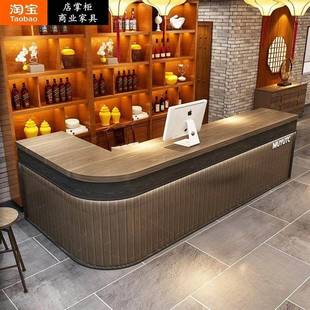 需定制实木覆古收银台转角饭店餐厅酒吧吧台桌餐馆餐饮酒柜一体弧