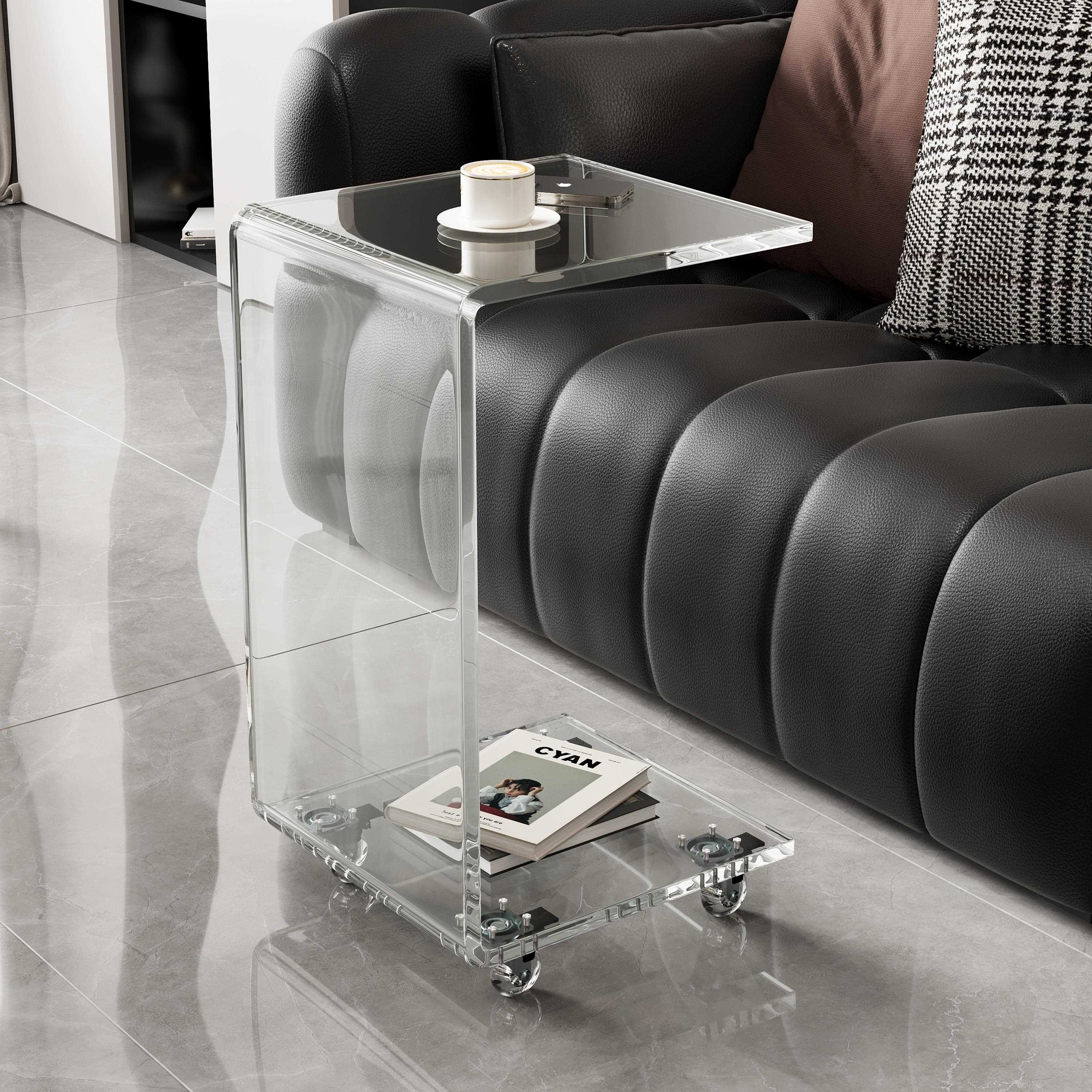 亚克力边几可移动沙发边桌茶几带轮透明置物架简约推车床边小桌子