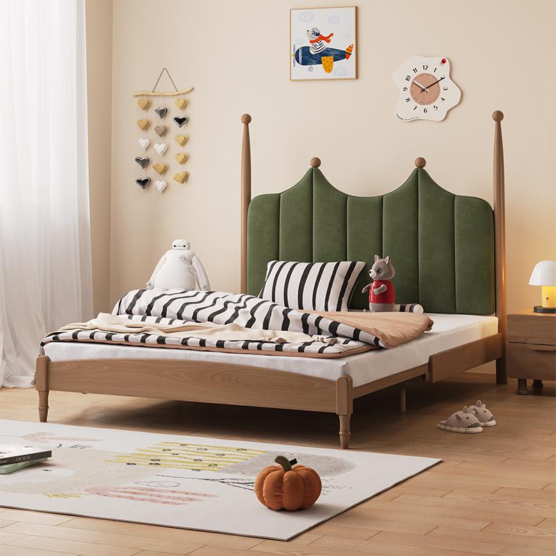 儿童床男孩软包床1.2米1.35可伸缩卧室女孩白蜡木床实木儿童床