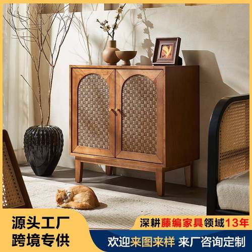 北欧实木餐边柜简约现代客厅茶水柜储物柜日式藤编玄关柜电视柜