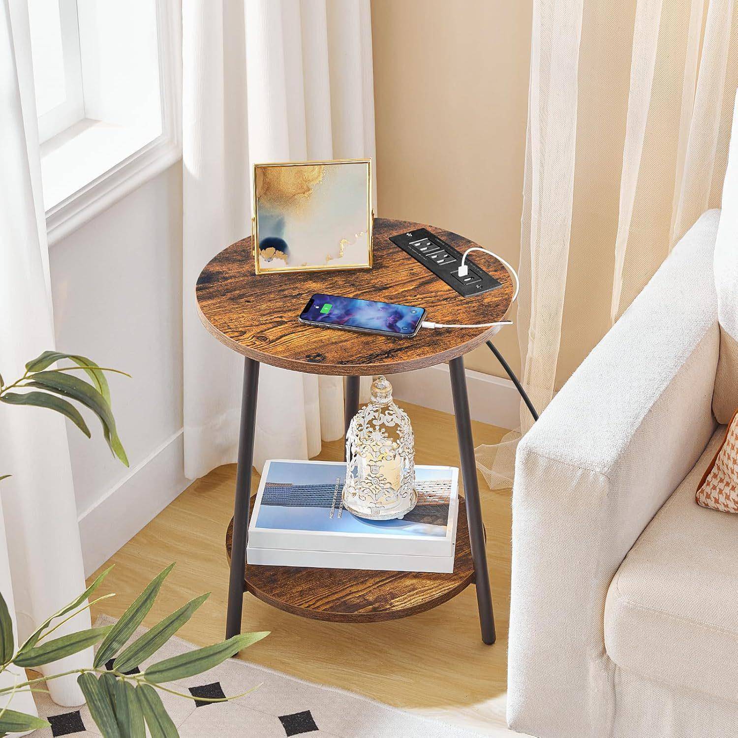 可充电圆桌小桌子卧室床边桌客厅阳台简约茶几铁艺双层沙发边桌