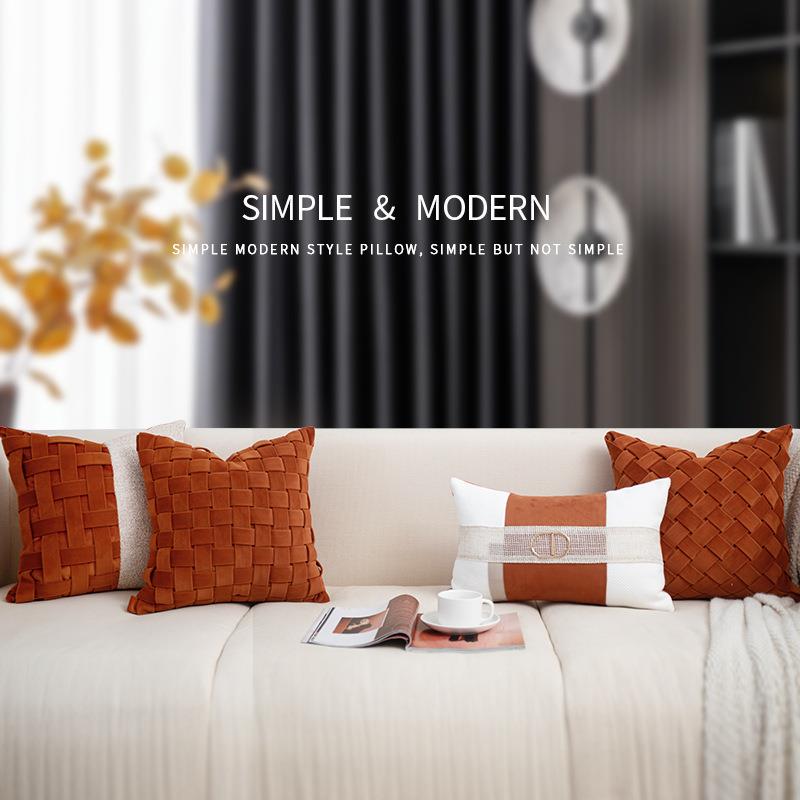 爱马橙加厚绒布手工编织客厅沙发抱枕软装样板房床头方枕腰靠