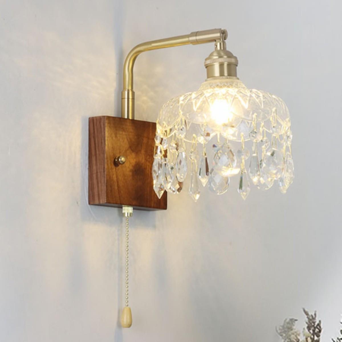 黑胡桃木全铜玻璃拉线壁灯复古北欧新中式日式书桌卧室床头壁灯