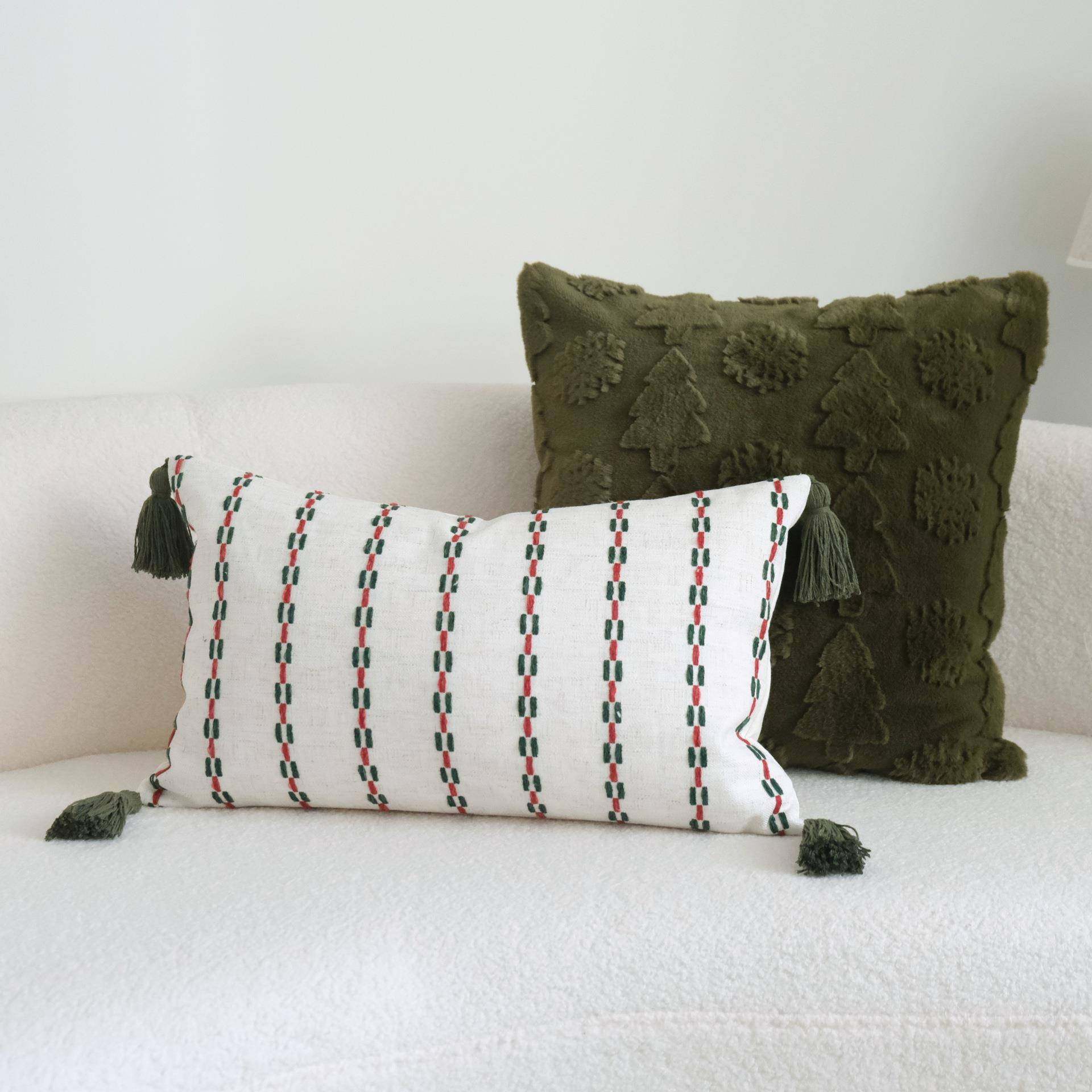 圣诞系列红绿条纹流苏抱枕腰枕毛绒抱枕套沙发靠垫酒店样板间靠枕