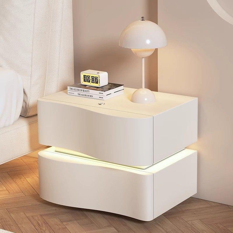 奶油风实木床头柜简约现代轻奢感卧室智能灯创意设计感收纳柜
