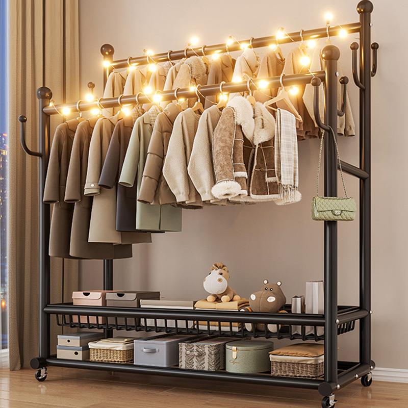 家用房间挂衣架置物晾衣架简易移动收纳架落地式双杆衣帽架