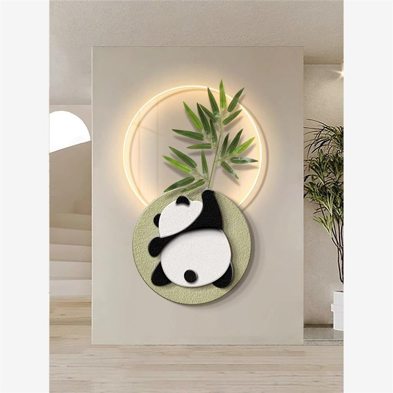 奶油风熊猫入户玄关装饰画现代简约客厅走廊过道led发光砂岩挂画