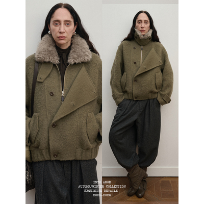 INTO AMOR设计感环保皮草可拆卸毛领苏力羊毛混纺双面呢短款外套