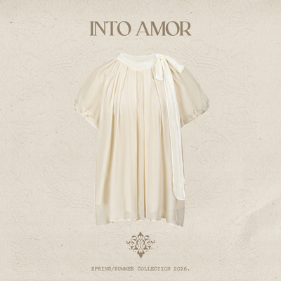 INTO AMOR春夏女法式复古绑带飘带桑蚕丝混纺领泡泡袖上衣