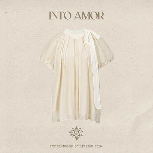INTO AMOR春夏女法式复古绑带飘带桑蚕丝混纺领泡泡袖上衣