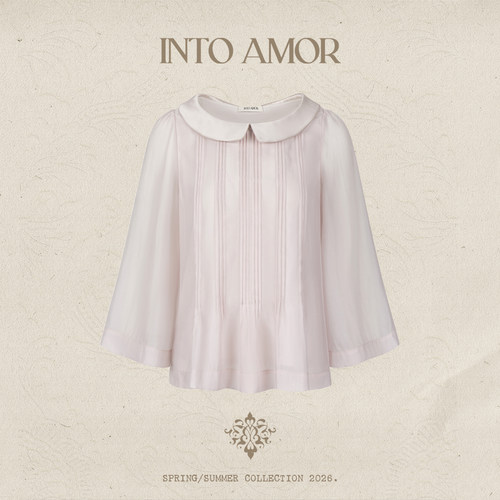 INTO AMOR春夏女法式复古大圆领塔克褶醋纤混纺领中袖衬衫上衣