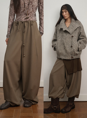 INTO AMOR秋冬女设计感休闲风羊毛混纺松紧腰抽绳气球裤长裤