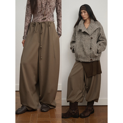 INTO AMOR秋冬女设计感休闲风羊毛混纺松紧腰抽绳气球裤长裤