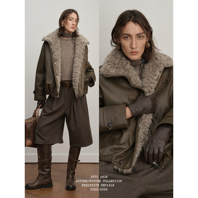 INTO AMOR设计感水洗做旧效果涂层环保毛领90白鸭绒羽绒服外套