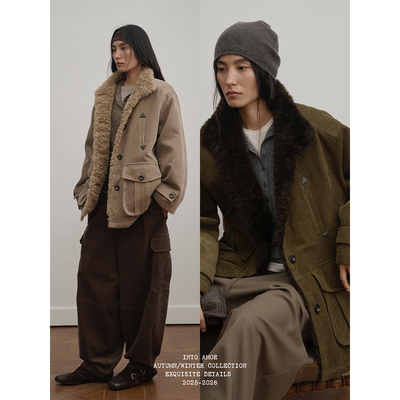 INTO AMOR秋冬女环保皮草毛领宽松灯芯绒90白鸭羽绒服外套