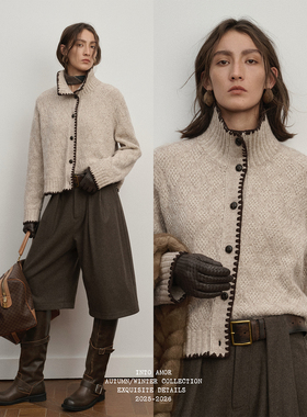 INTO AMOR冬季女老钱风贝壳绣提花设计羊毛混纺开衫毛衣