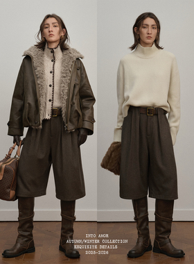 INTO AMOR冬季女老钱风羊毛混纺五分裤靴裤毛呢中裤