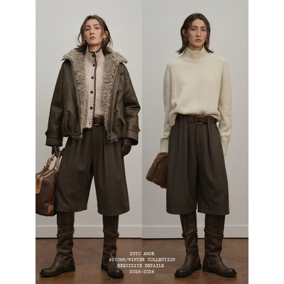 INTO AMOR冬季女老钱风羊毛混纺五分裤靴裤毛呢中裤