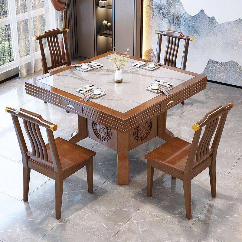 方圆两用桌饭店正方形折叠八仙桌中式实木岩板餐桌组合隐藏电磁炉