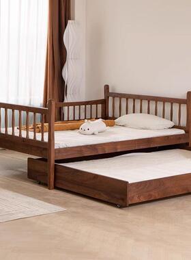 北美黑胡桃木儿童床子母床拖床全实木双层抽拉床伸缩男女小孩子床