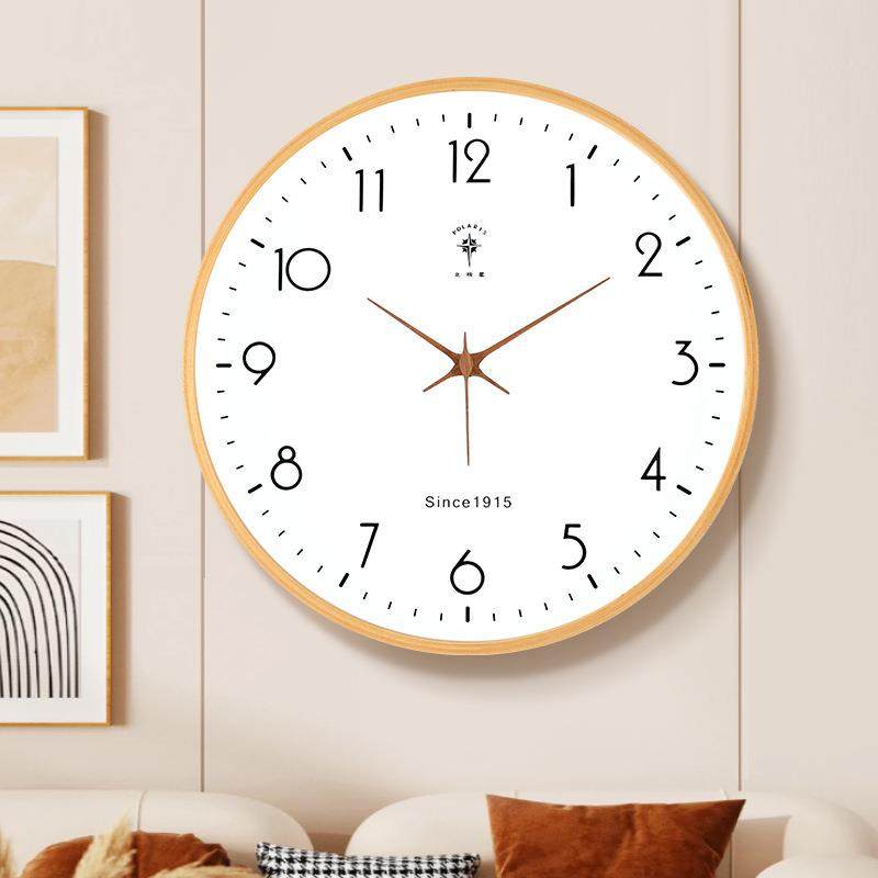 北极星挂钟客厅原木风超静音挂墙钟表木质石英时钟北欧极简风
