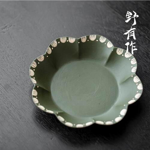 野有作日式青几何花叶海浪茶承干泡盘茶承手绘釉下彩陶瓷壶托壶承