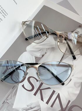 美式复古猫眼蓝色墨镜女Y2k时尚辣妹凹造型街拍防紫外线太阳镜男