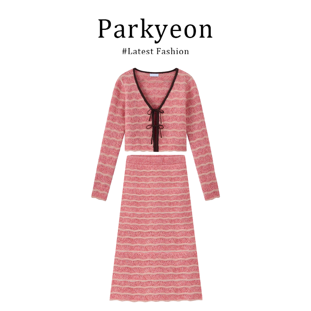 法式小香风撞色绑带条纹V领毛衣针织上衣半身裙两件套