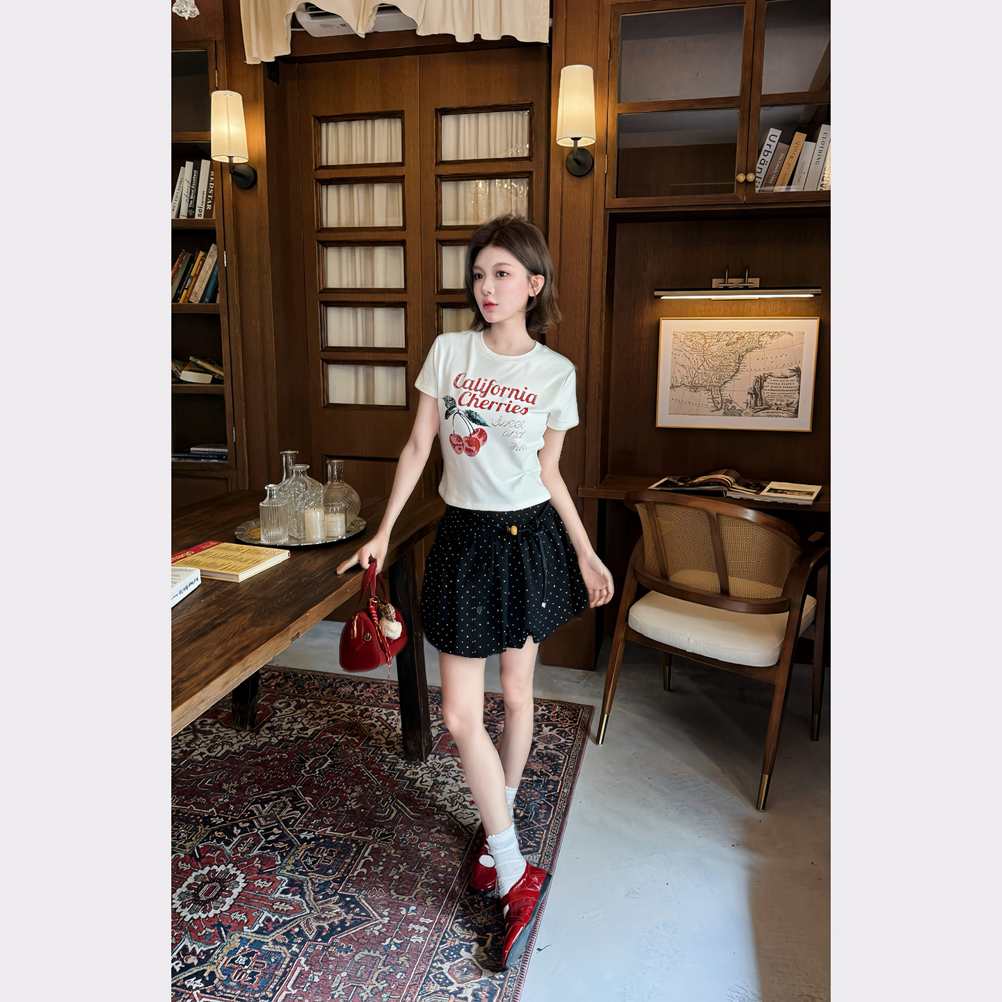 米叨叨aele春夏韩系减龄显瘦遮胯系带高腰a字裙波点半身裙短裙女