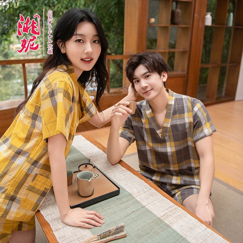 浴亲子套装服儿童情侣汗蒸服女足格子睡衣大码疗家居服男洗浴纯棉