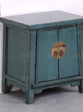 仿古做旧新中式家具边柜蓝色定制榆木全实木床头柜储物柜矮柜复古