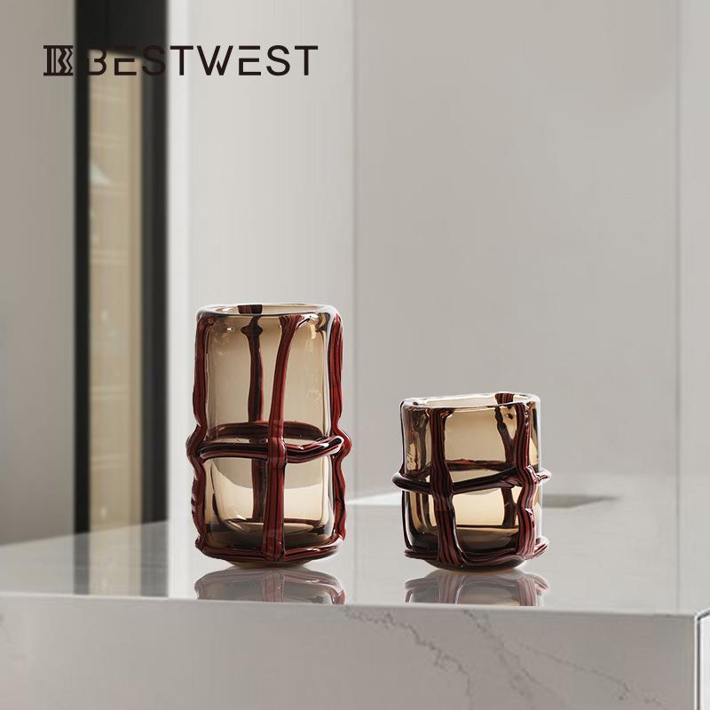 Bestwest创意直筒高级感玻璃花瓶现代简约轻奢高级感插干花摆件