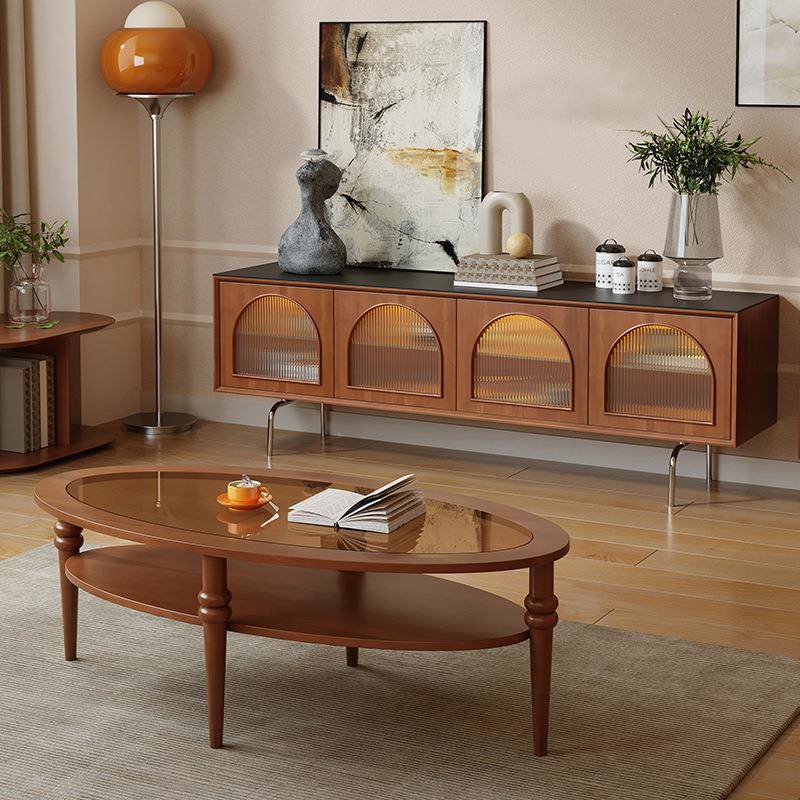 全实木黄杨木茶几电视柜组合法式小户型胡桃复古中古岩板储物地柜