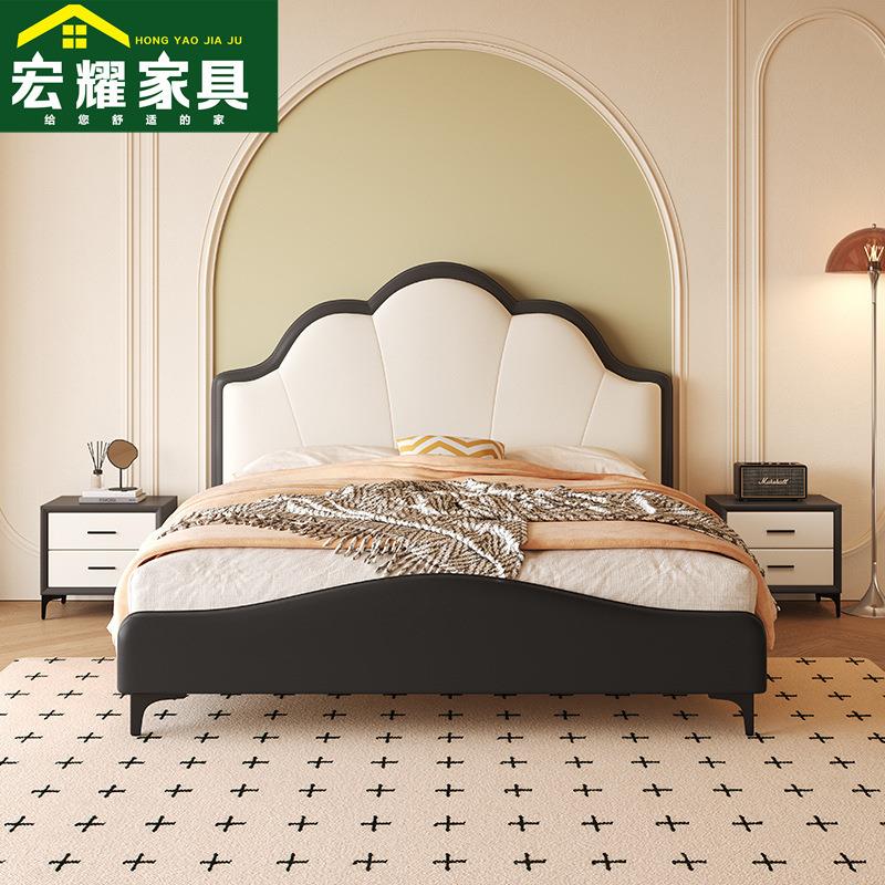 奶油风真皮床意式花瓣床法式复古风双人床轻奢现代简约主卧软包床