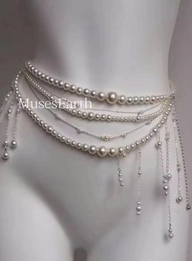 法式欧美轻奢风时尚多层珍珠流苏腰链小众设计独特个性身体链饰品