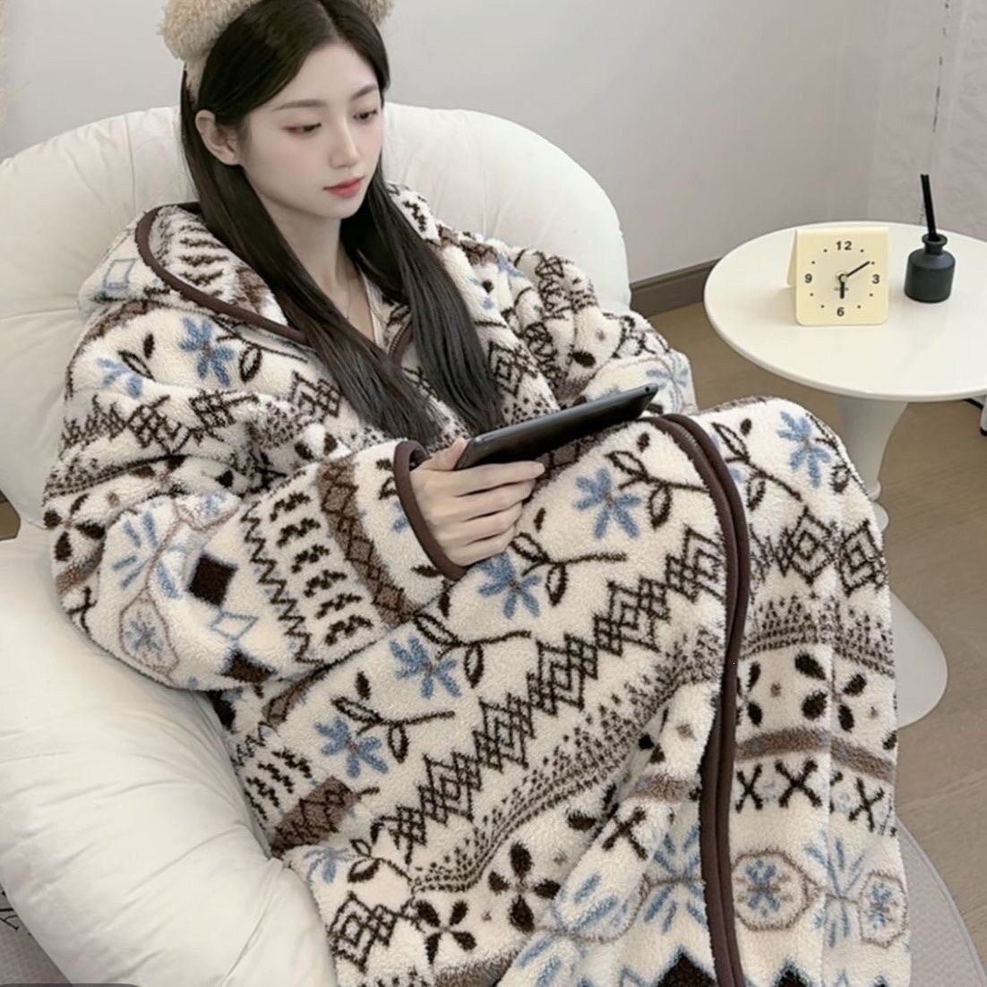 睡裙睡袍拉链连帽长款保暖珊瑚绒加厚加绒冬季女行走的被窝可外出