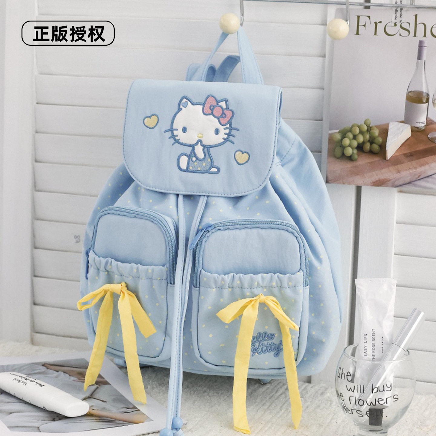三丽鸥正版凯蒂猫新款包包韩版蓝色波点女生可爱少女风双肩包背包