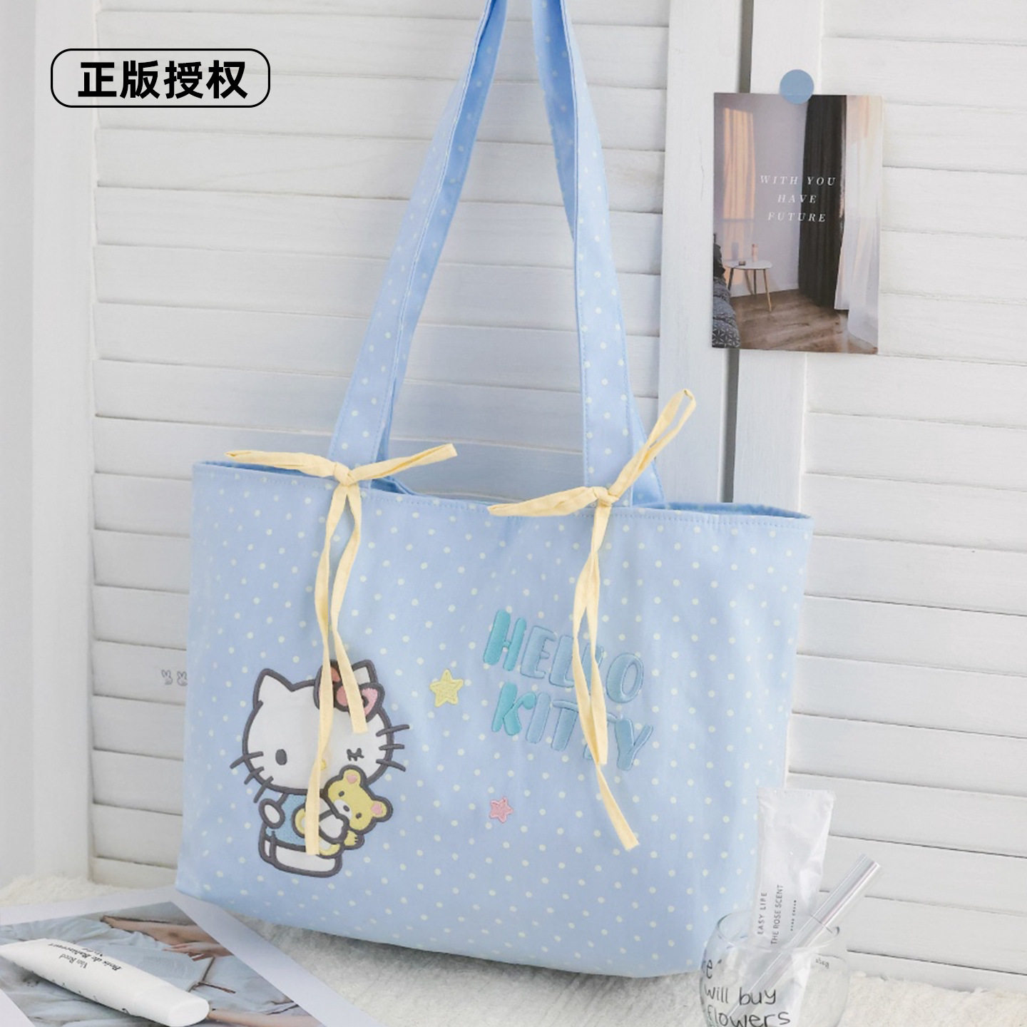 三丽鸥正版凯蒂猫韩版蓝色波点卡通单肩包女学生可爱少女风单肩包