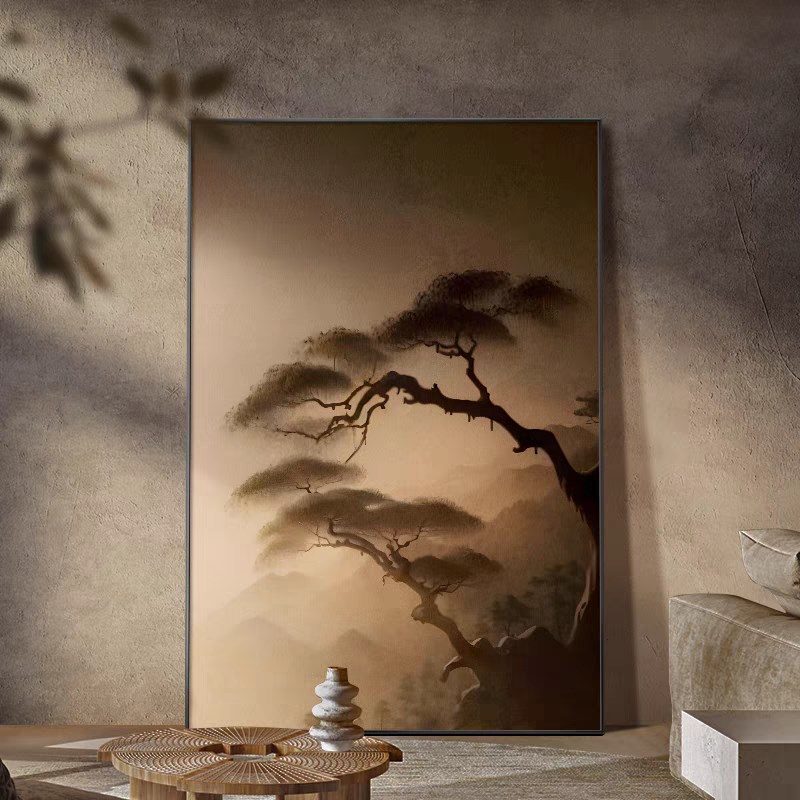 侘寂风松树客厅玄关装饰画新中式茶室壁画酒店民宿样板间大幅挂画图片