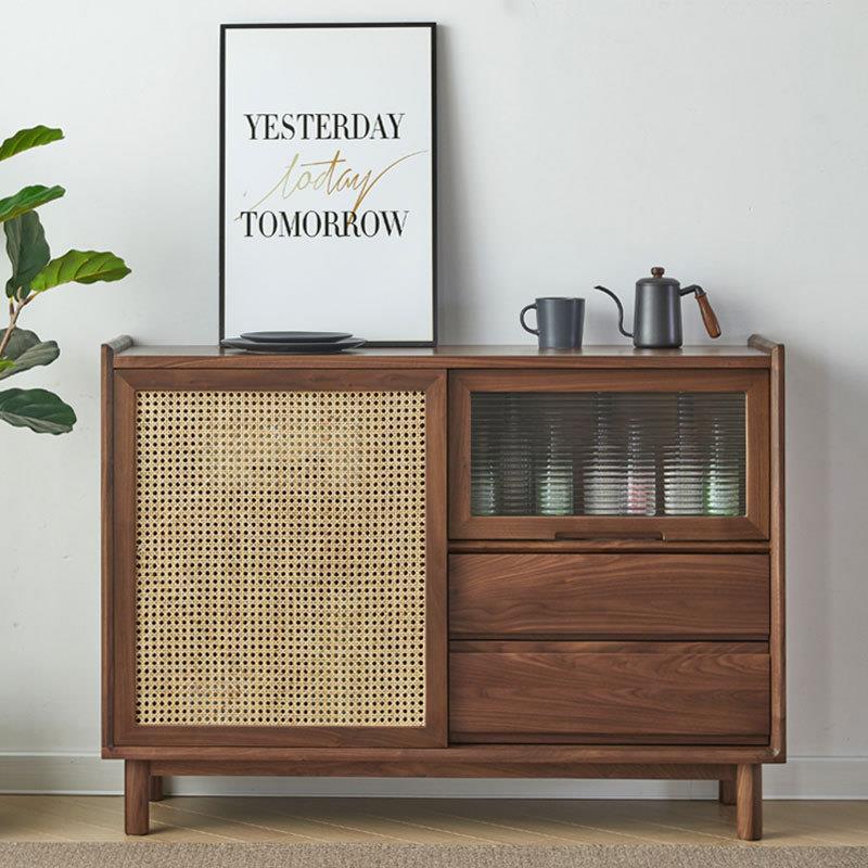 北欧全实木餐边柜现代简约黑胡桃木客厅边柜藤编玻璃门茶水柜置物