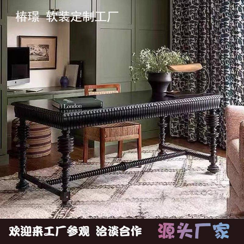 美式复古书桌实木法式办公桌写字台玄关桌乡村黑色桌子家具