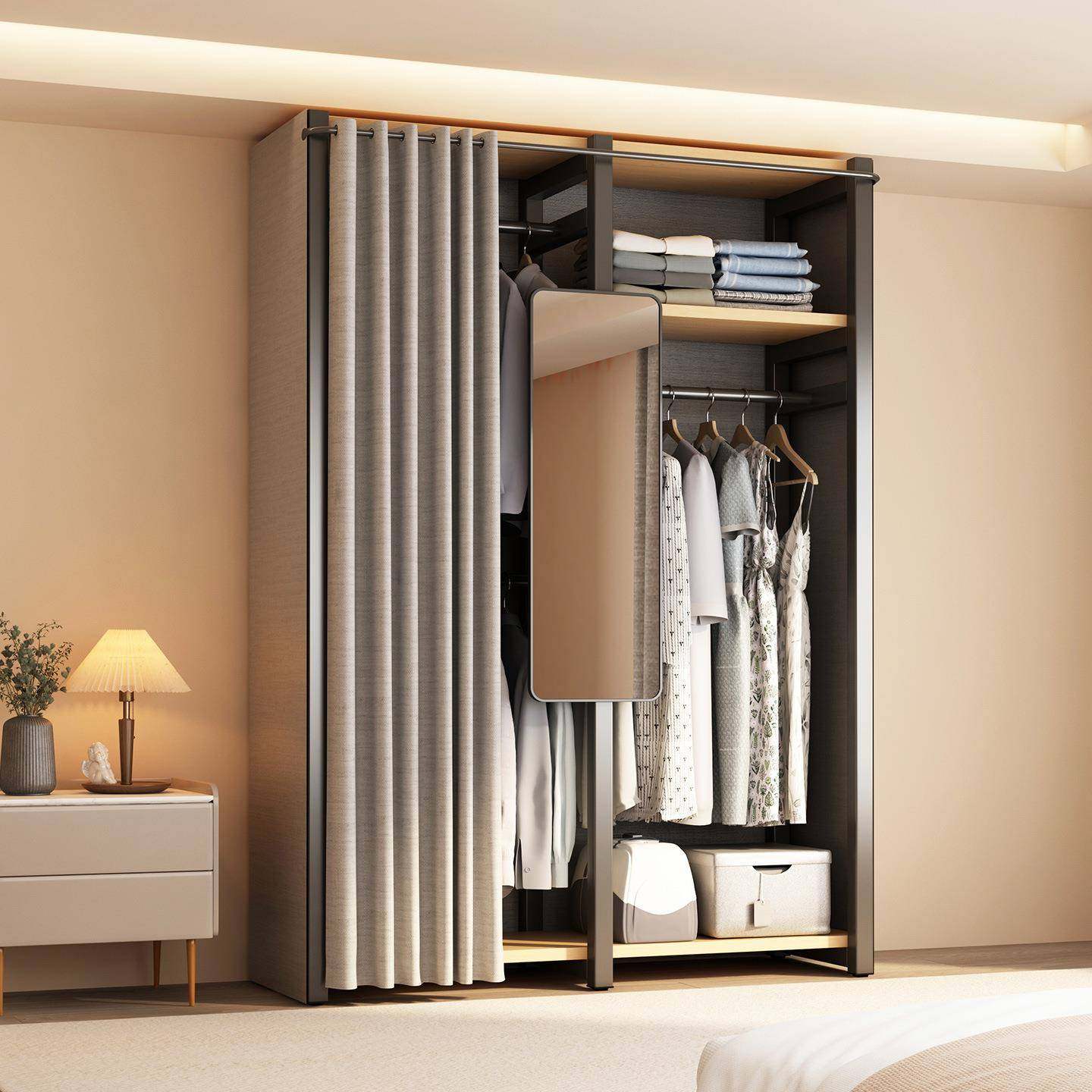 钢木衣架家用卧室挂衣架现代简约出租屋开放式落地收纳衣柜带镜子