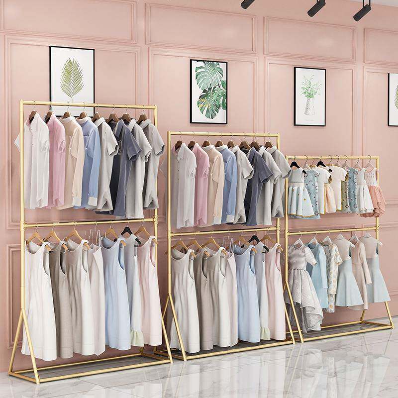服装店简约落地挂衣架橱窗展示中岛架童装店双层金属可调节衣帽架