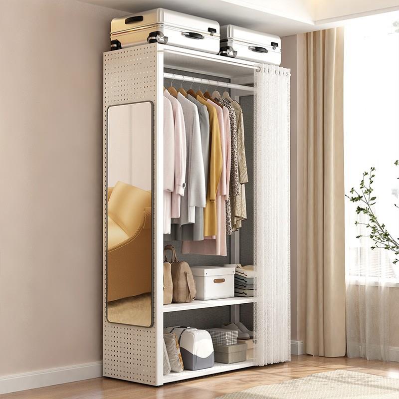 洞洞板衣柜出租屋落地开放式简易衣柜家用卧室纱帘防尘挂衣柜白色