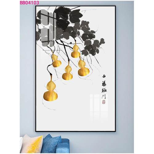 新中式五福临门装饰画进门玄关过道竖版贴画自粘发财树免打孔贴画