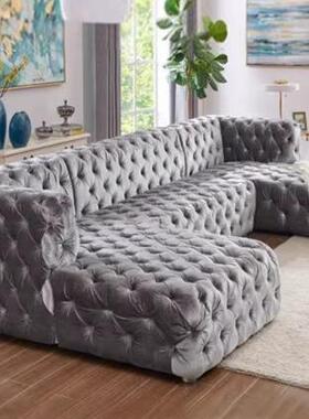 美式轻奢橄榄绿丝绒科技布拉扣沙发组合别墅客厅L形贵妃转角沙发