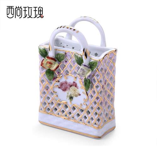 家居饰品装饰摆件欧式手提白瓷彩绘花瓶客厅电视柜插花创意摆设