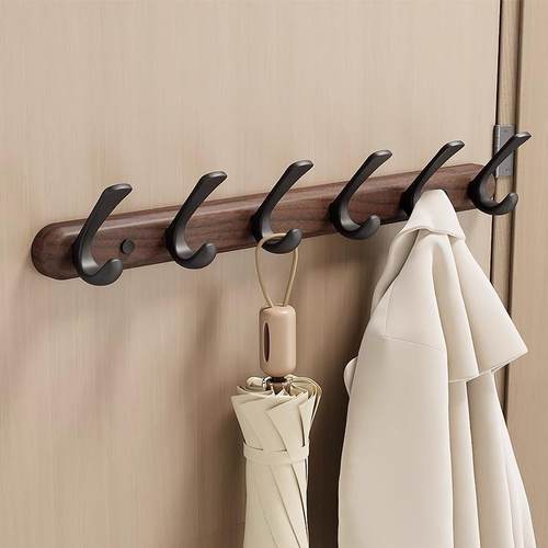胡桃木挂衣钩中古风入户门后墙上玄关免打孔衣服帽壁挂架实木排钩